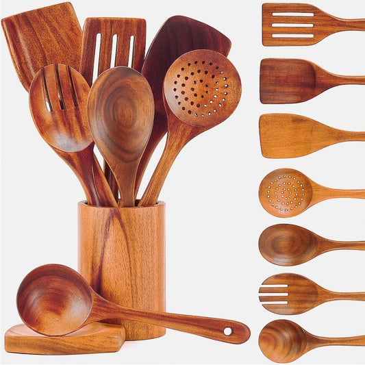9-Piece Dark Brown Kitchen Essentials Wooden Cooking Utensils Set